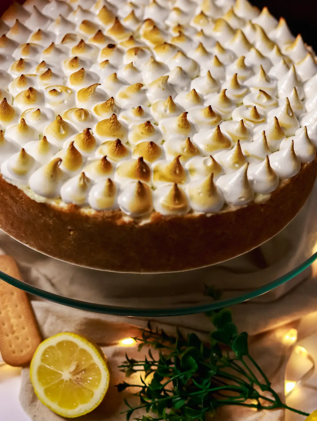 Torta coberta de merengue com as pontas douradas no maçarico, sobre um suporte de vidro